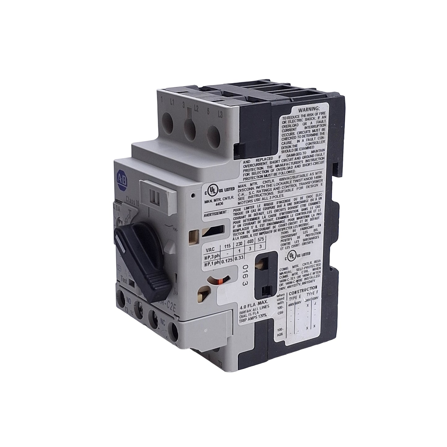 Used Allen Bradley 140M-C2E-B40 Motor Protection Circuit Breaker, 3-P, 2.5-4.0A, 600V