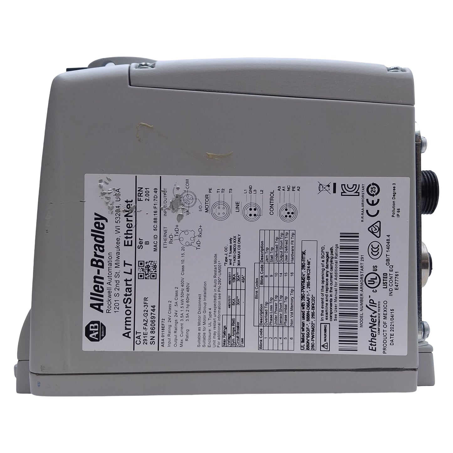 Used Allen Bradley 291E-FAZ-G2-3FR LT Distributed Motor Controller 24VDC, EtherNet/IP