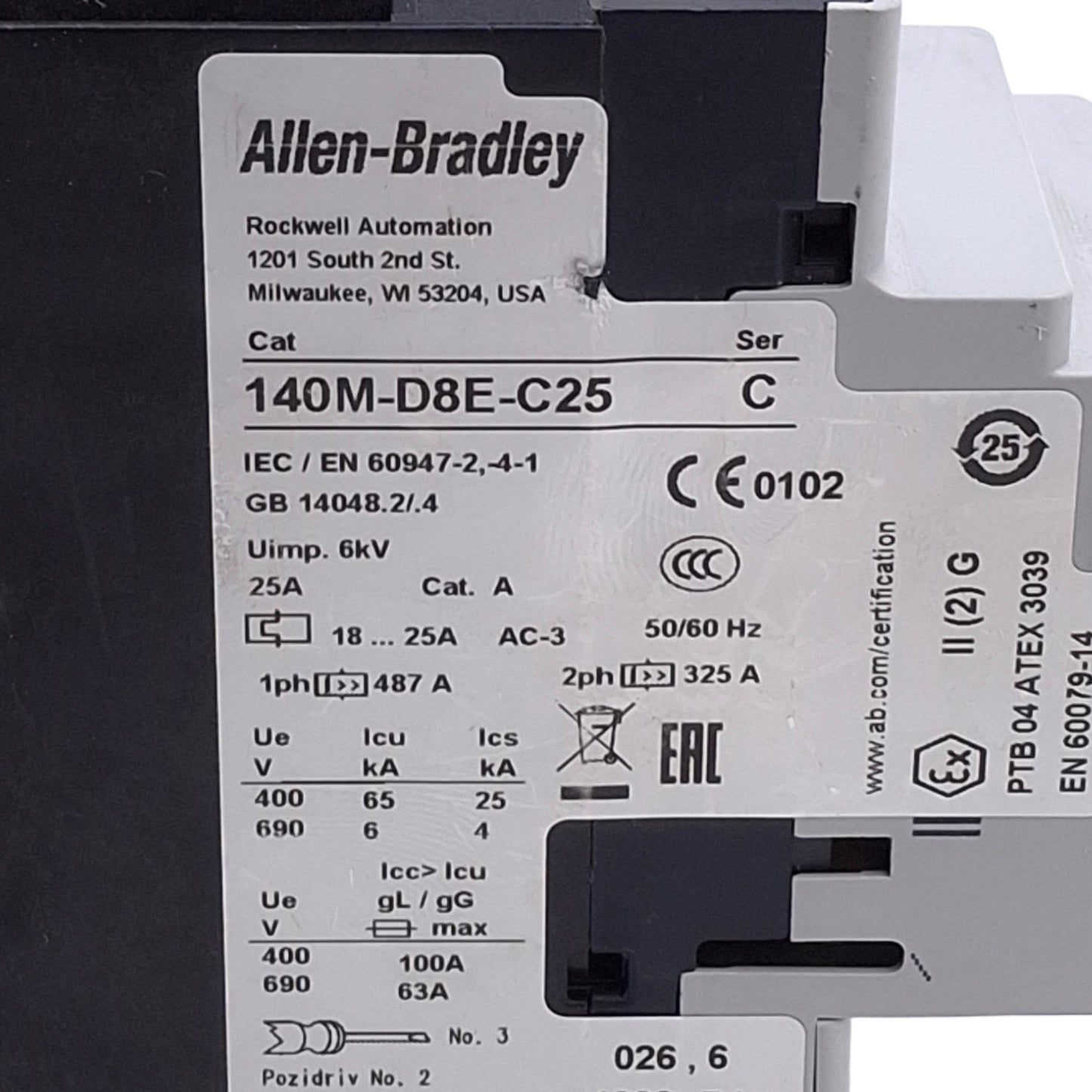 Used Allen Bradley 140M-D8E-C25 Motor Circuit Breaker, 18-25A, Up to 600VAC 3-Phase