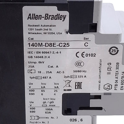 Used Allen Bradley 140M-D8E-C25 Motor Circuit Breaker, 18-25A, Up to 600VAC 3-Phase