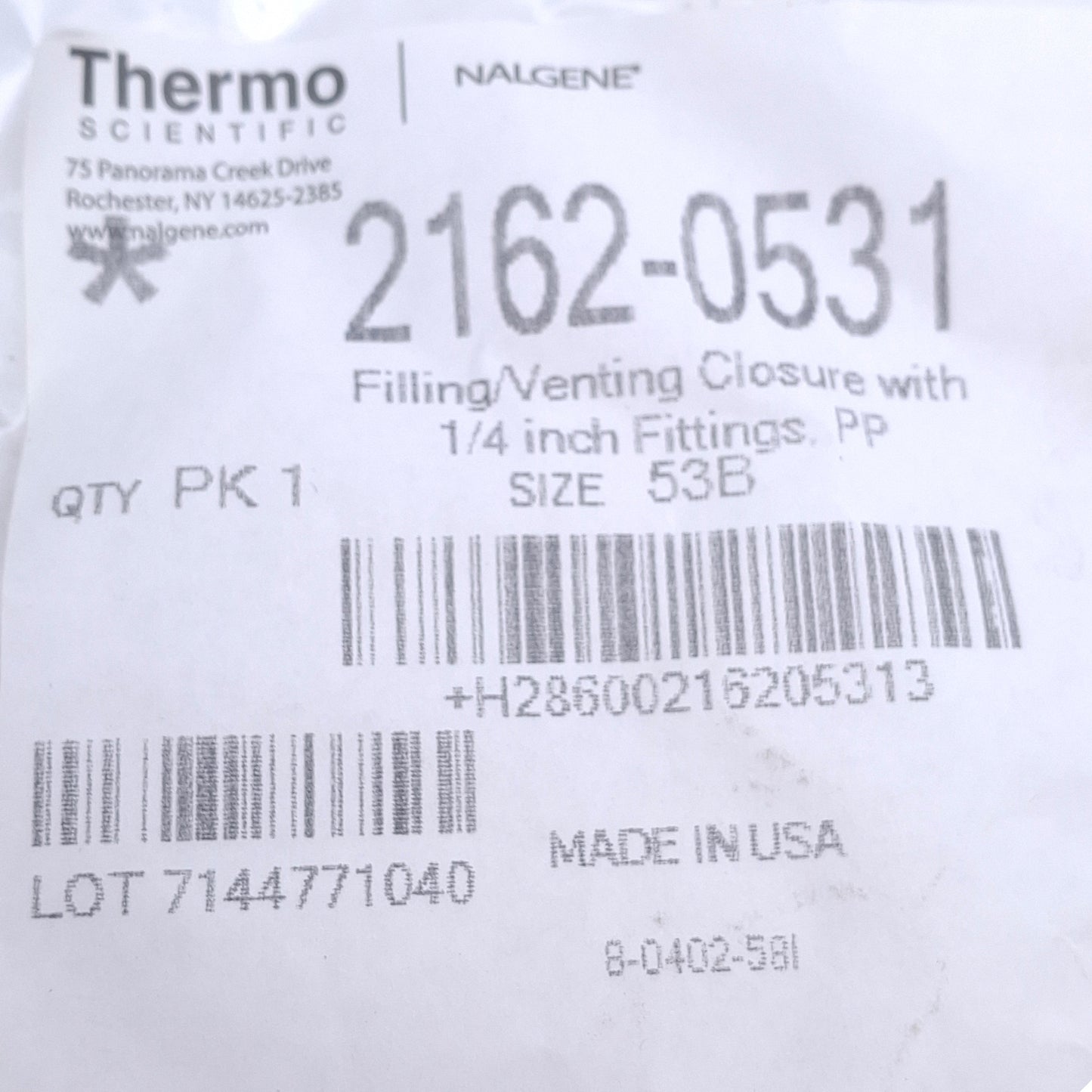 New Thermo Scientific 2162-0531 Nelgene Filling/Venting Cap 53B, 1/4" Port, ø2.59"