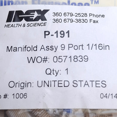 New – Open box IDEX P-191 Manifold Assembly 9 Port, 1/4-28 FB Thread, 1000psi, ø1/16" OD Tubing
