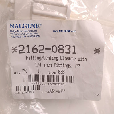 New Nalgene 2162-0831 Filling/Venting Closure Cap, 83mm, 1/4in Tube, For 83B