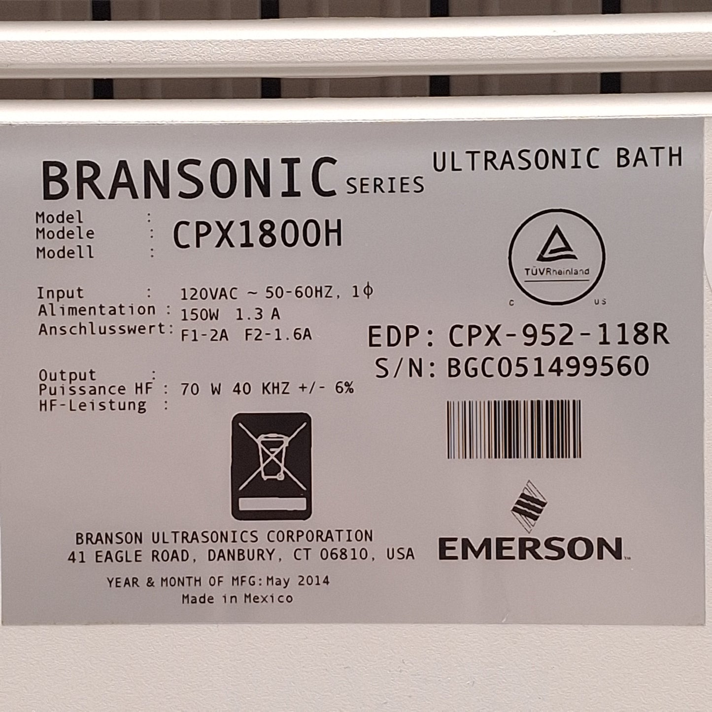 Used Branson CPX1800H Bransonic CPXH Heated Ultrasonic Bath, 150W, 0.5 Gallon, 120VAC