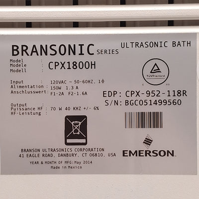 Used Branson CPX1800H Bransonic CPXH Heated Ultrasonic Bath, 150W, 0.5 Gallon, 120VAC