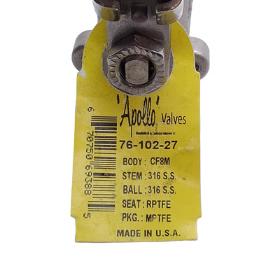 Used Apollo 76-102-27 Manual Ball Valve, Stainless Steel, 3/8in NPT Female, 150psi