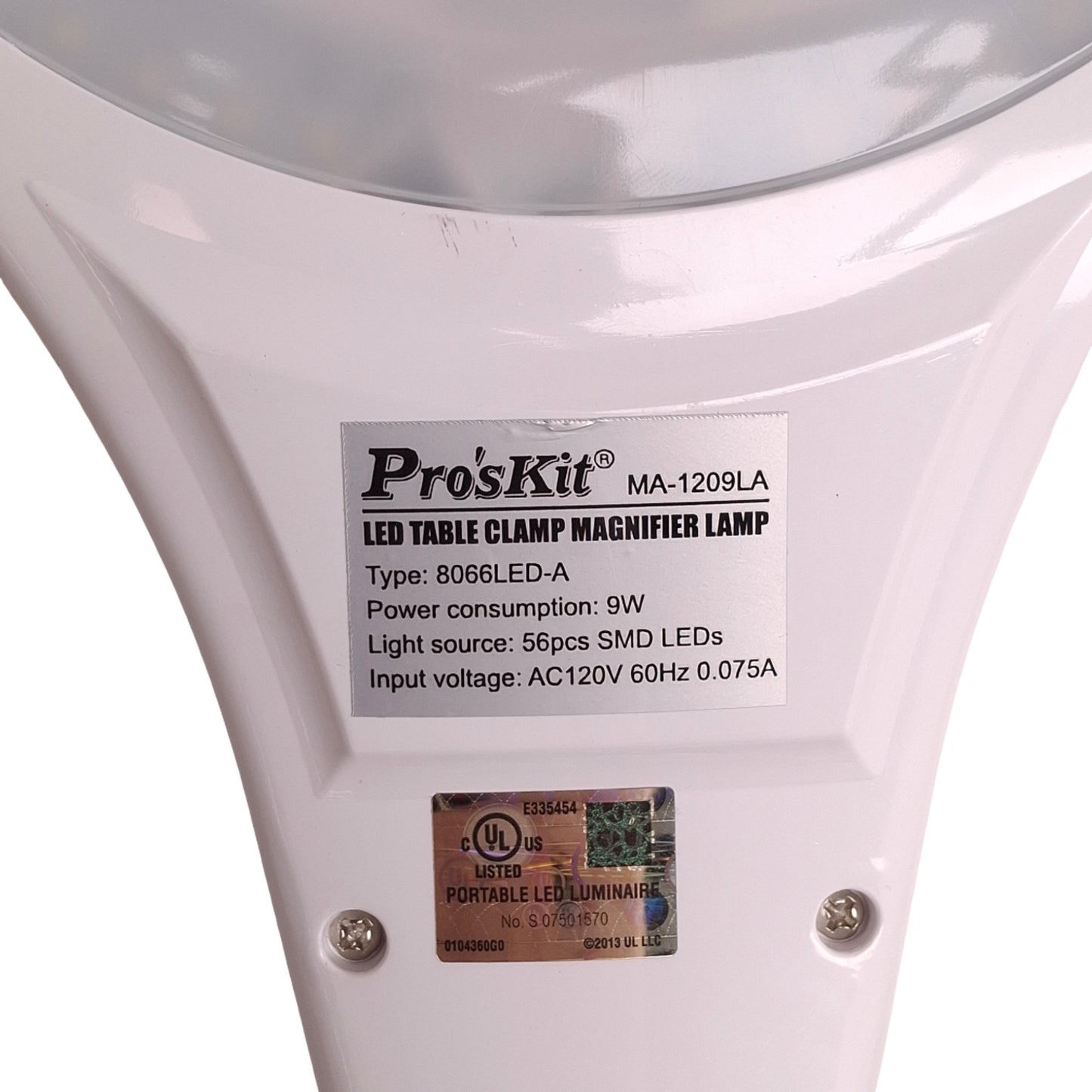 Used Proskit MA-1209LA Magnifier Lamp, 5D (2.25x) Mag., 110VAC, Desk Clamp Mount
