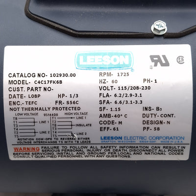 New – Open box Leeson 102930.00 C4C17FK6B AC Motor, 1/3HP, 115/208-230VAC, 1725rpm, S56C Frame