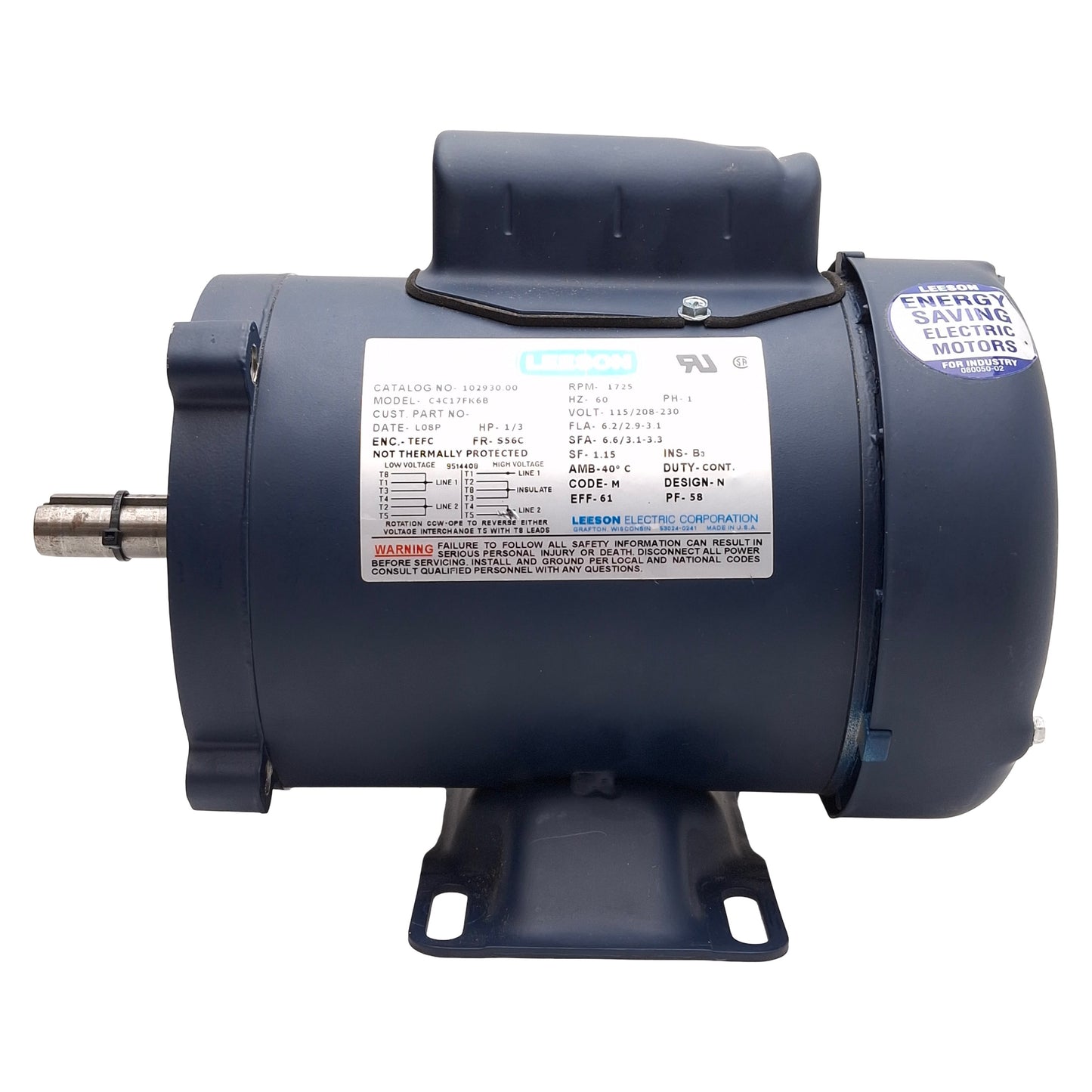 New – Open box Leeson 102930.00 C4C17FK6B AC Motor, 1/3HP, 115/208-230VAC, 1725rpm, S56C Frame