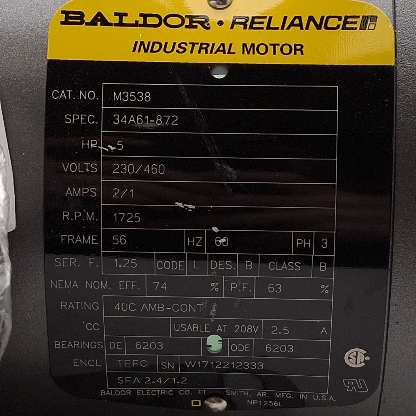 New – Open box Baldor M3538 34A61-872 AC Motor, 5HP, 3Ø 230/460VAC 2/1A, 1725rpm, NEMA 56