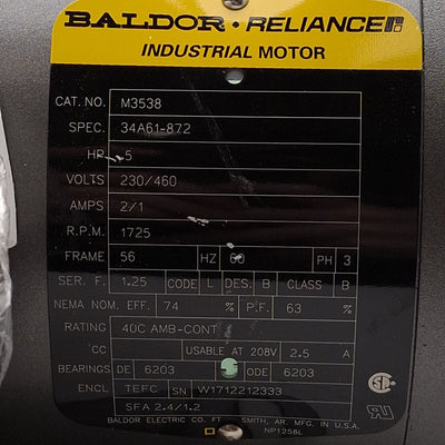 New – Open box Baldor M3538 34A61-872 AC Motor, 5HP, 3Ø 230/460VAC 2/1A, 1725rpm, NEMA 56