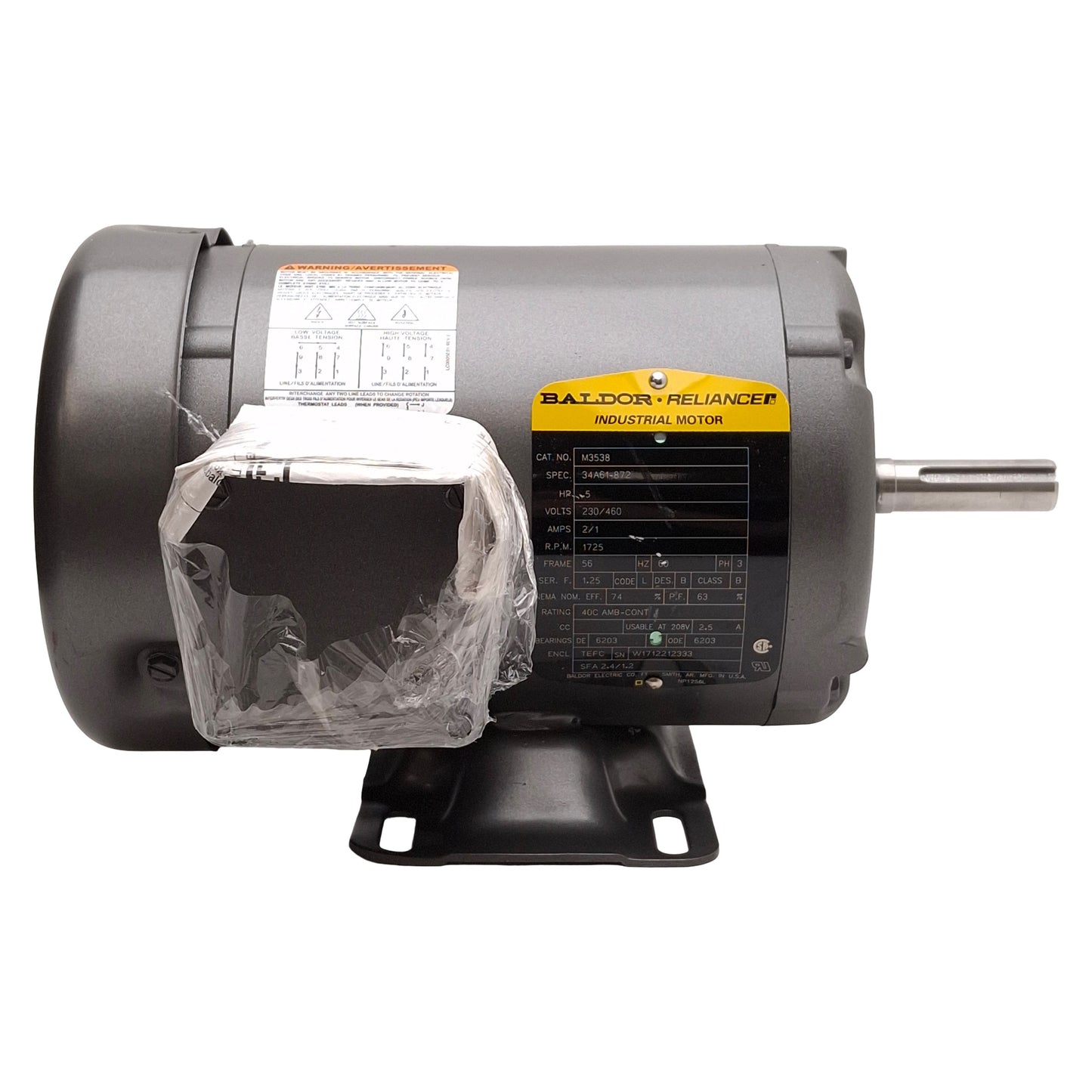 New – Open box Baldor M3538 34A61-872 AC Motor, 5HP, 3Ø 230/460VAC 2/1A, 1725rpm, NEMA 56