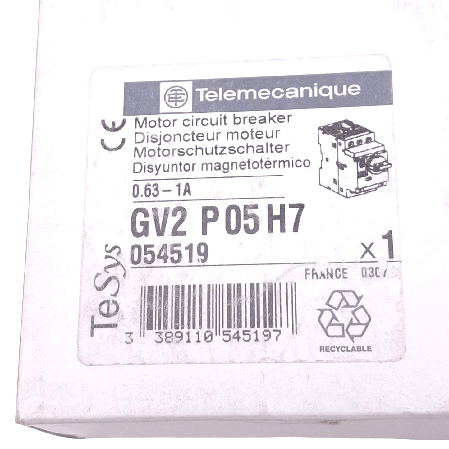 New Telemecanique GV2-P05H7 Motor Circuit Breaker, 3-Pole, 0.63-1A, 0.25kW Max