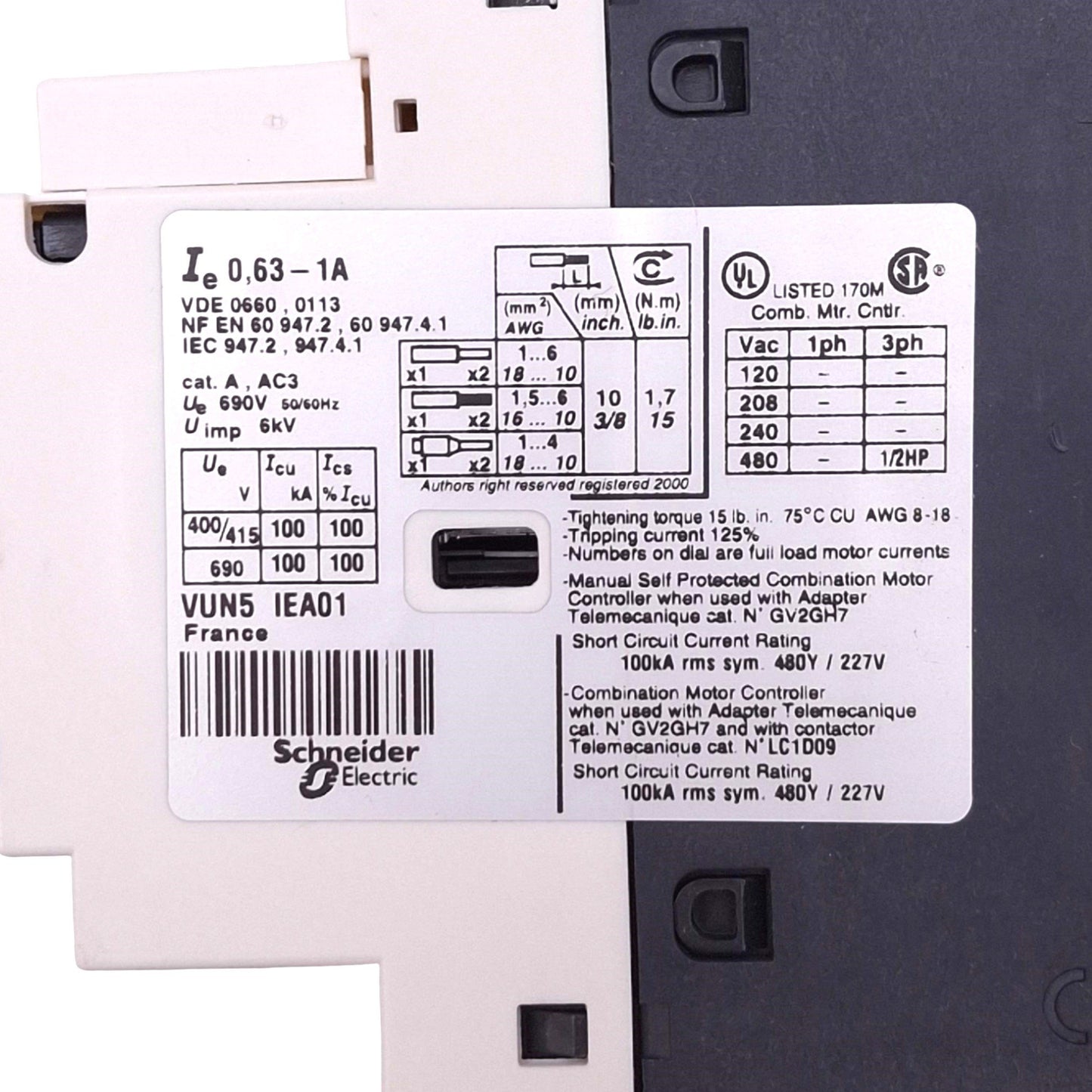 New Telemecanique GV2-P05H7 Motor Circuit Breaker, 3-Pole, 0.63-1A, 0.25kW Max