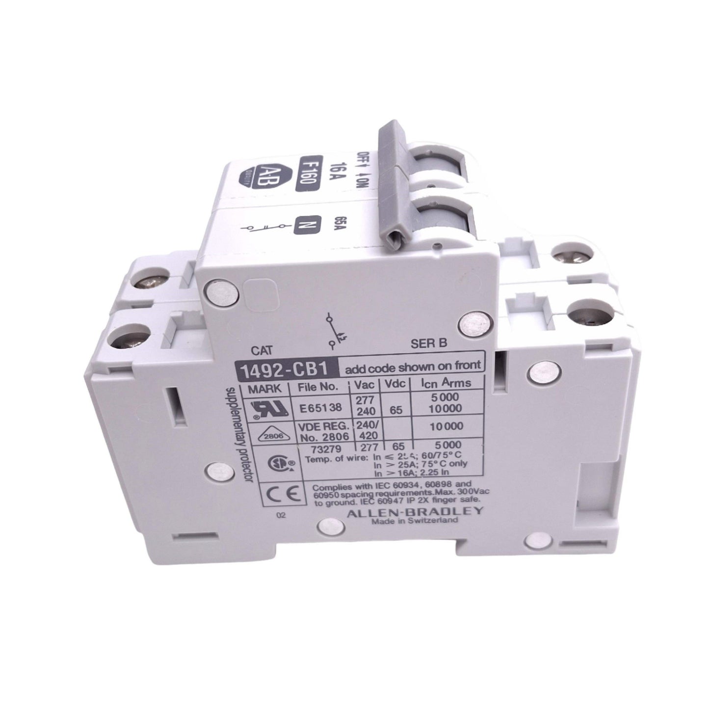 New Allen Bradley 1492-CB1F160-N Supplementary Circuit Breaker, 1+N Pole, 16A, 277V