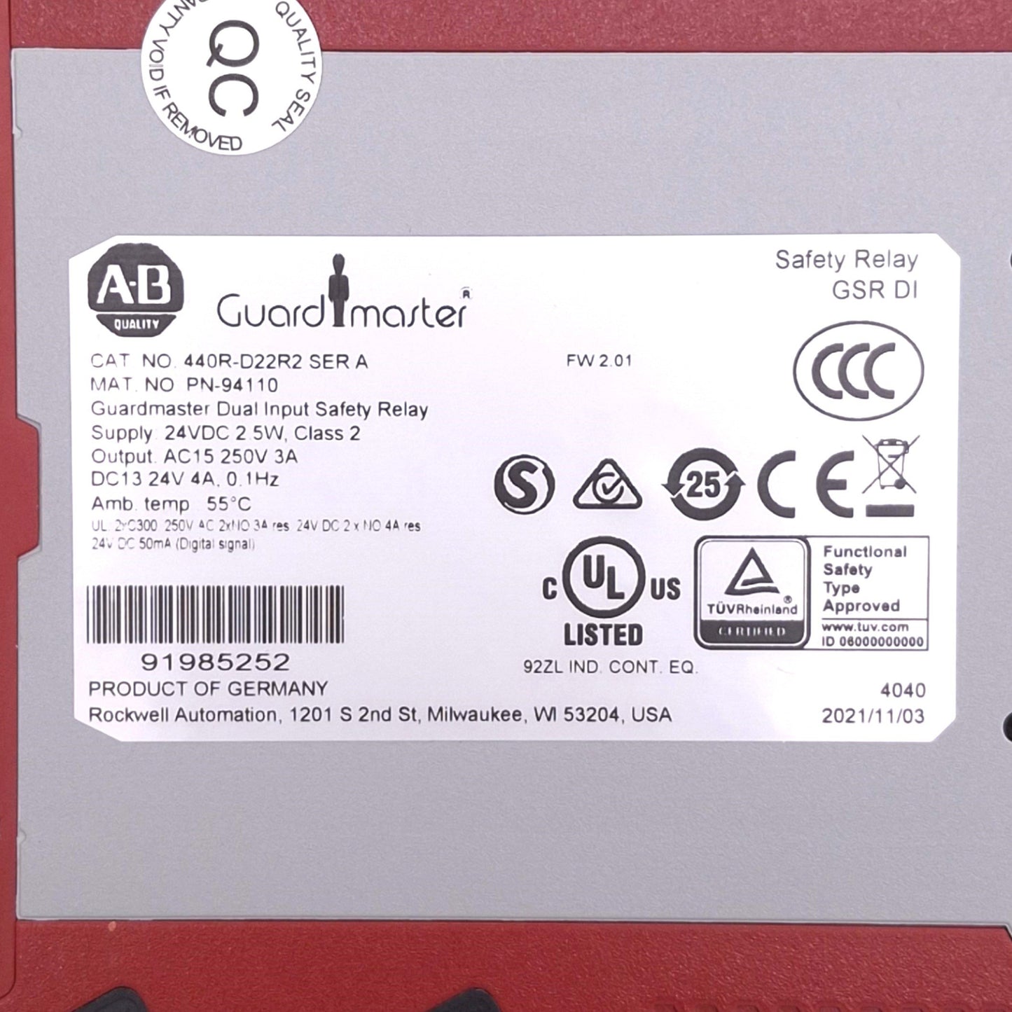 New Allen Bradley 440R-D22R2 Guardmaster Dual Input Safety Relay, 2NO 1NC Out, 24VDC