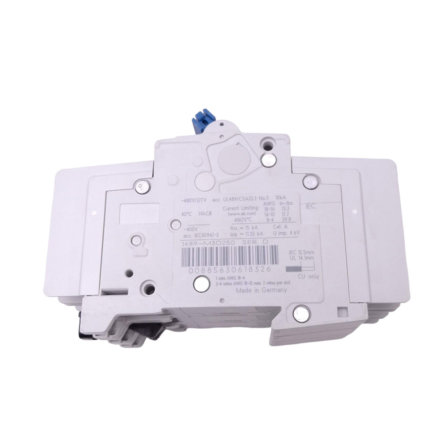 Used Allen Bradley 1489-M3D250 Circuit Breaker, 3-Pole 25A, 480Y/277VAC Max, DIN Rail