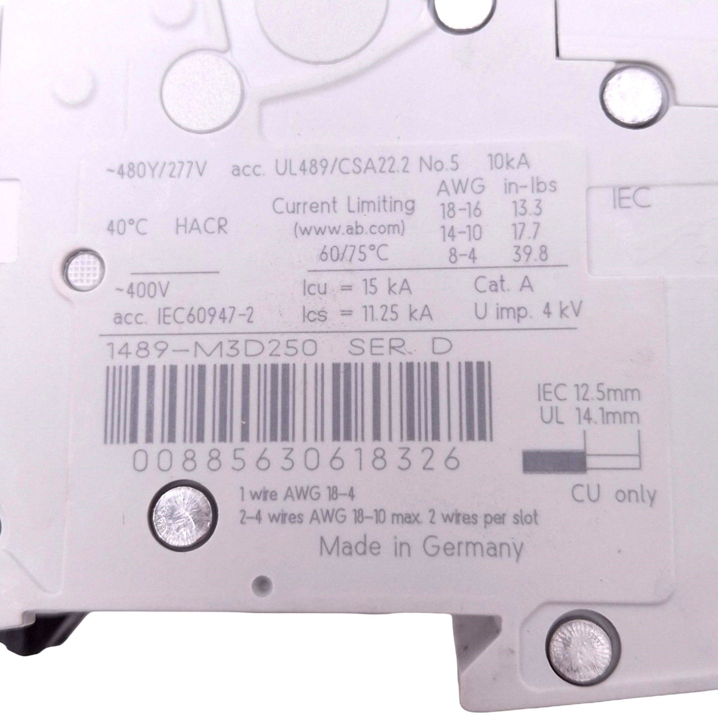 Used Allen Bradley 1489-M3D250 Circuit Breaker, 3-Pole 25A, 480Y/277VAC Max, DIN Rail