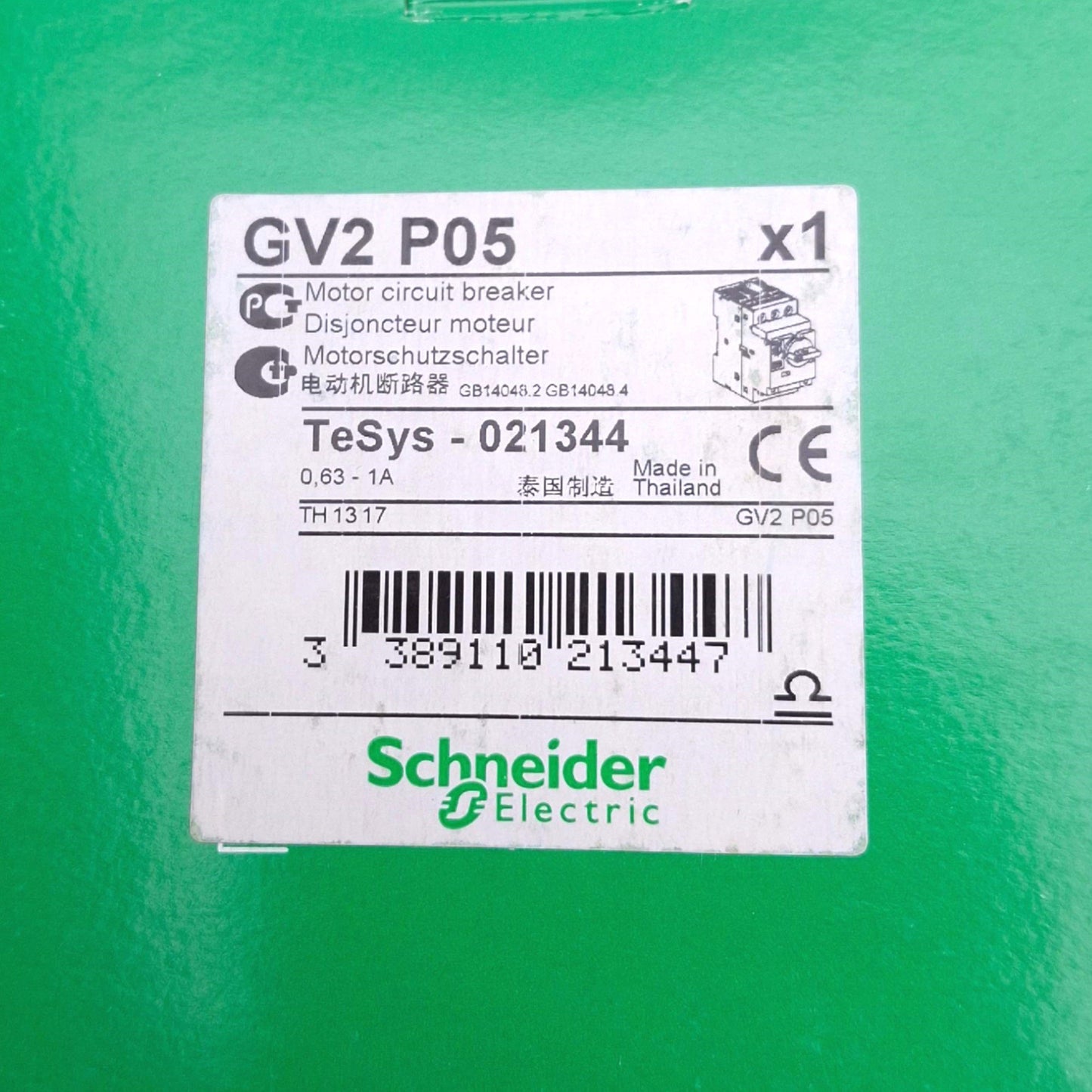 New Schneider Electric GV2-P05 Motor Circuit Breaker, 0.63-1A, 3-Pole, 0.5HP Max