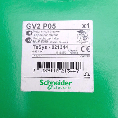 New Schneider Electric GV2-P05 Motor Circuit Breaker, 0.63-1A, 3-Pole, 0.5HP Max