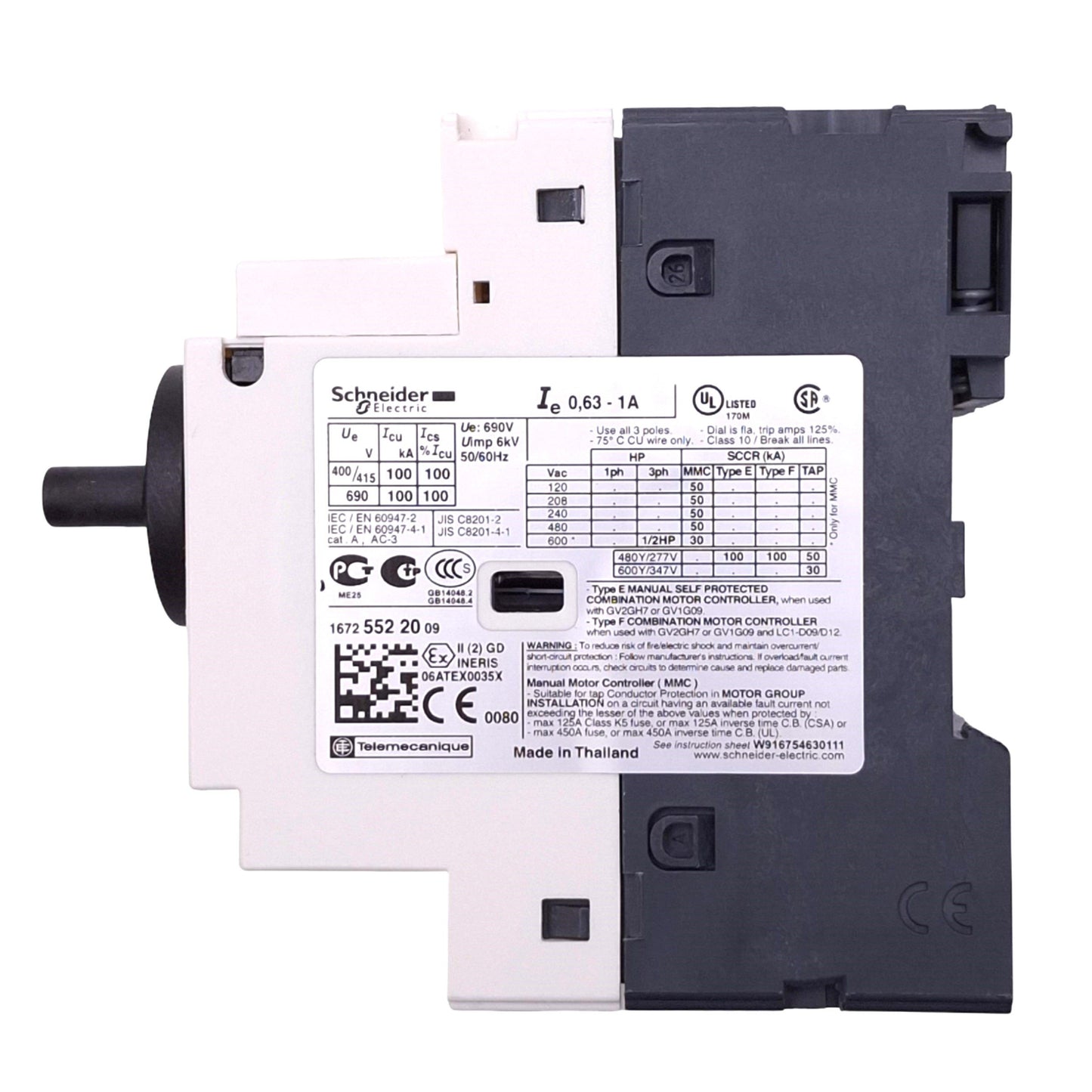 New Schneider Electric GV2-P05 Motor Circuit Breaker, 0.63-1A, 3-Pole, 0.5HP Max