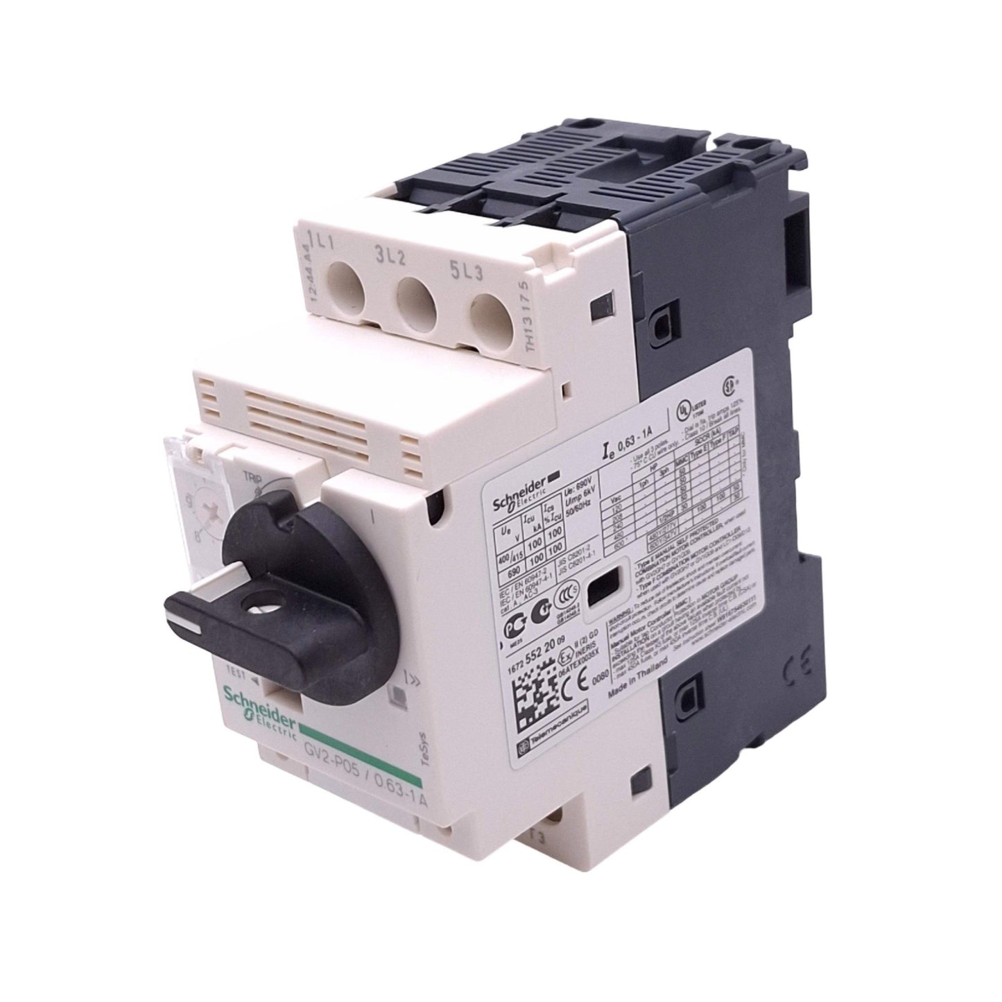 New Schneider Electric GV2-P05 Motor Circuit Breaker, 0.63-1A, 3-Pole, 0.5HP Max