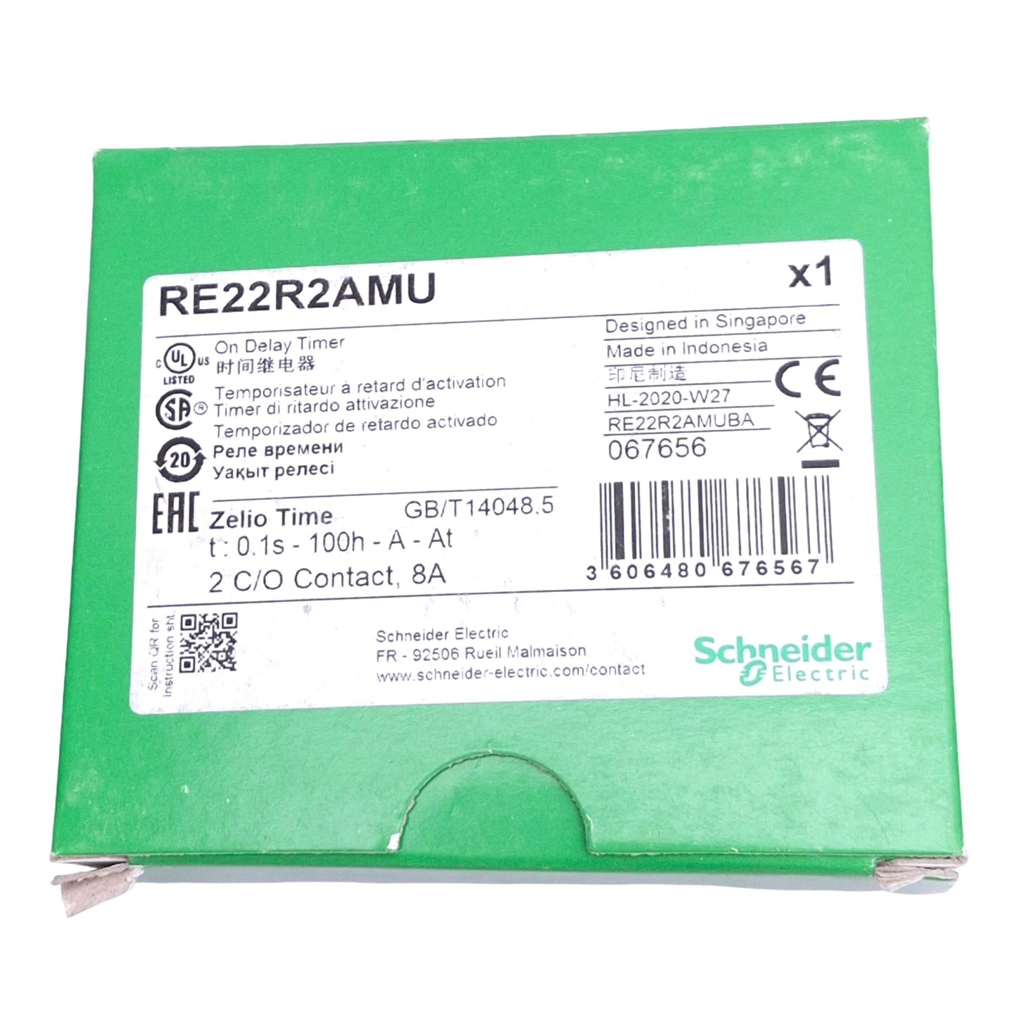 New Schneider Electric RE22R2AMU Zelio Time Delay Relay, 0.1s-100h, DPDT, 24VDC Coil