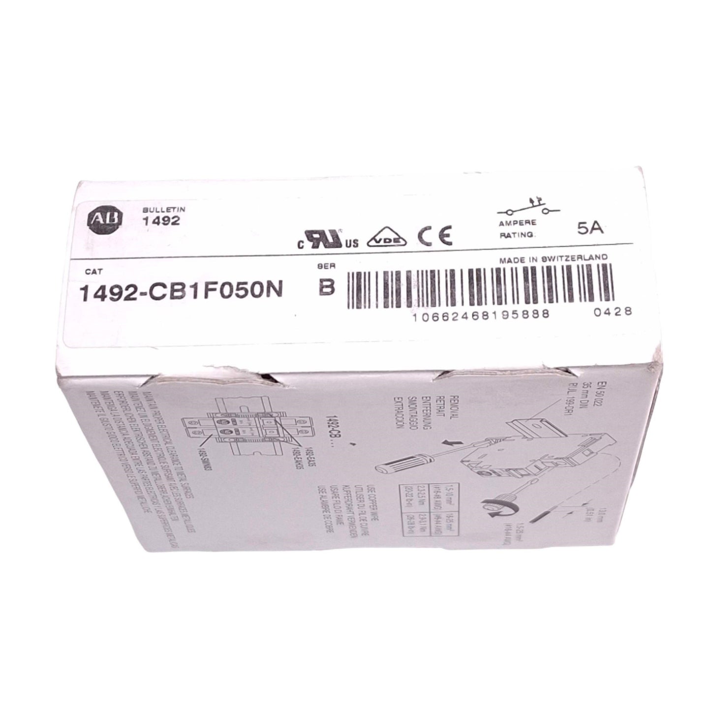 New Allen Bradley 1492-CB1F050N Circuit Breaker, 1+N Pole, 5A, 240VAC, DIN Rail