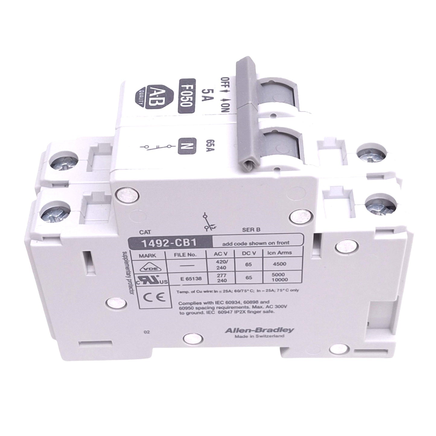 New Allen Bradley 1492-CB1F050N Circuit Breaker, 1+N Pole, 5A, 240VAC, DIN Rail