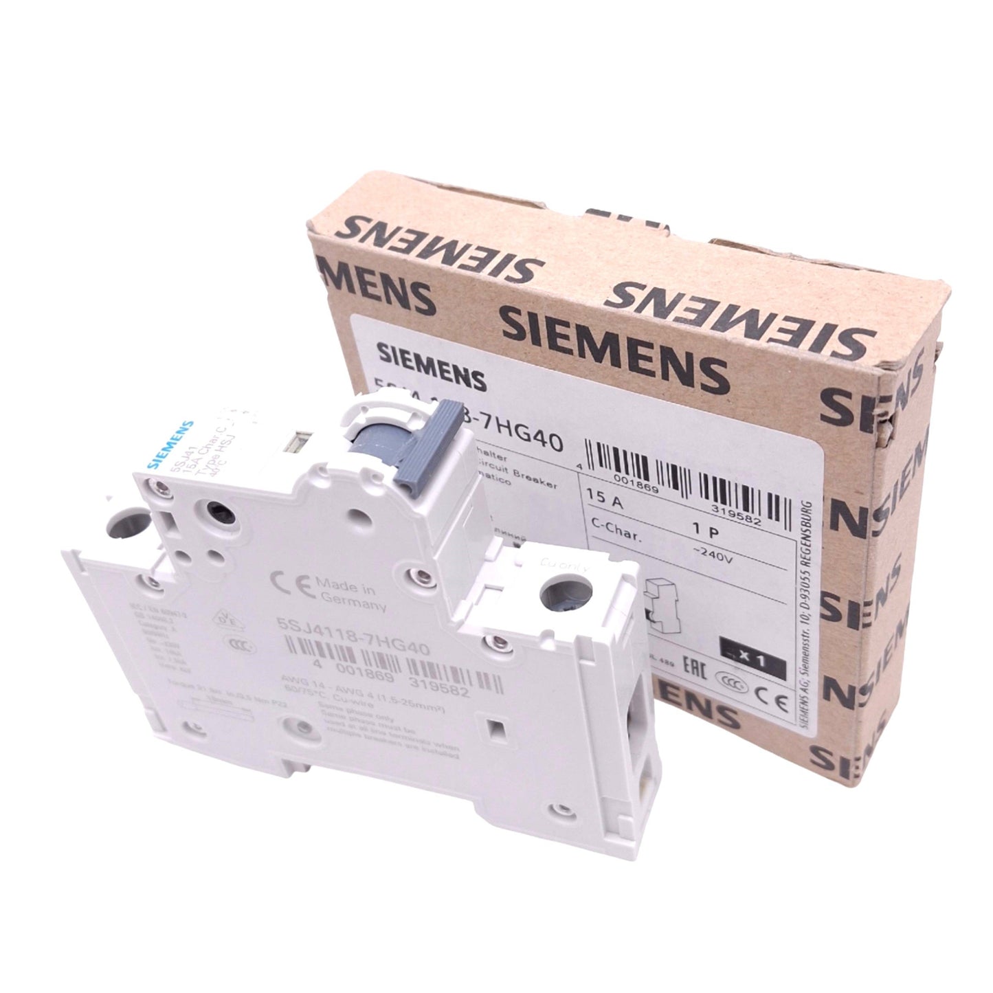 New Siemens 5SJ4118-7HG40 Circuit Breaker, 1-Pole 15A, 240VAC 60VDC, DIN Rail