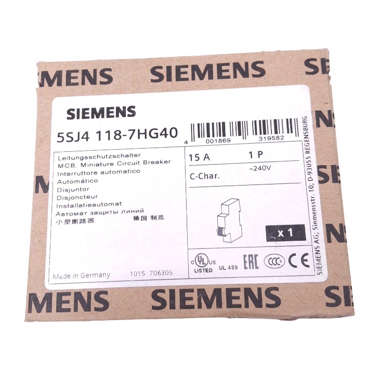 New Siemens 5SJ4118-7HG40 Circuit Breaker, 1-Pole 15A, 240VAC 60VDC, DIN Rail