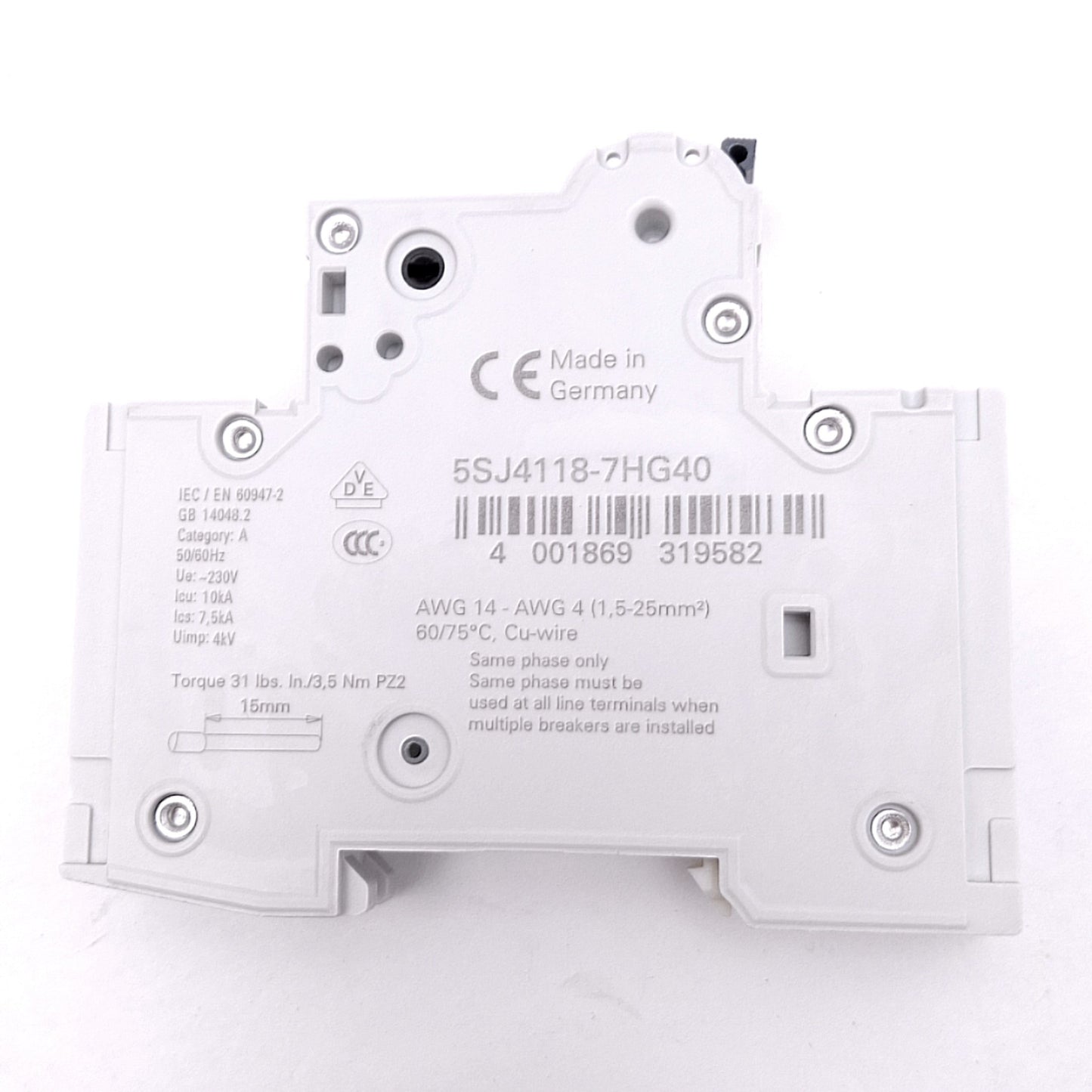 New Siemens 5SJ4118-7HG40 Circuit Breaker, 1-Pole 15A, 240VAC 60VDC, DIN Rail