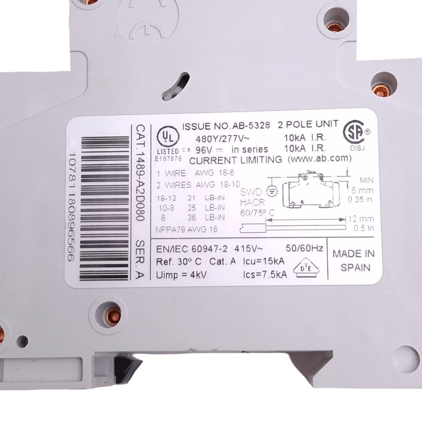 New Allen Bradley 1489-A2D080 Circuit Breaker, 2-Pole 8A, 480Y/277VAC 48VDC Max