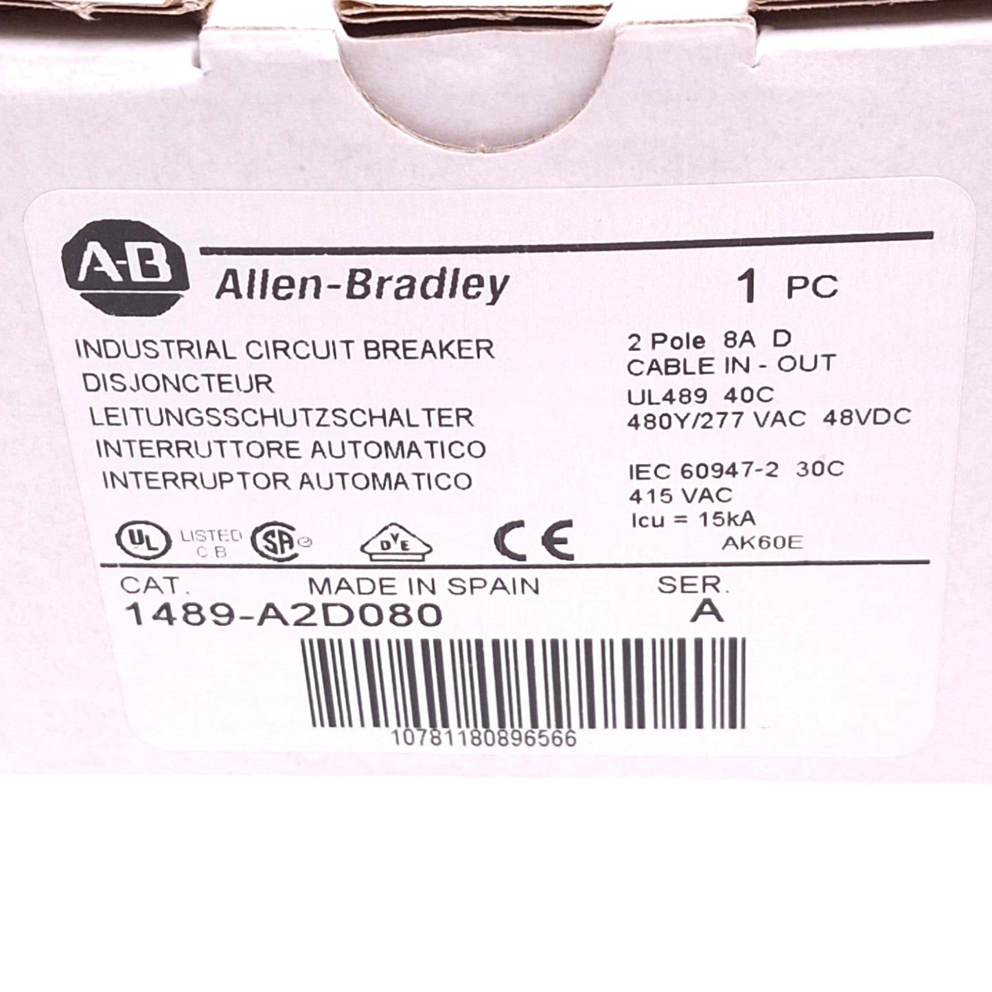 New Allen Bradley 1489-A2D080 Circuit Breaker, 2-Pole 8A, 480Y/277VAC 48VDC Max