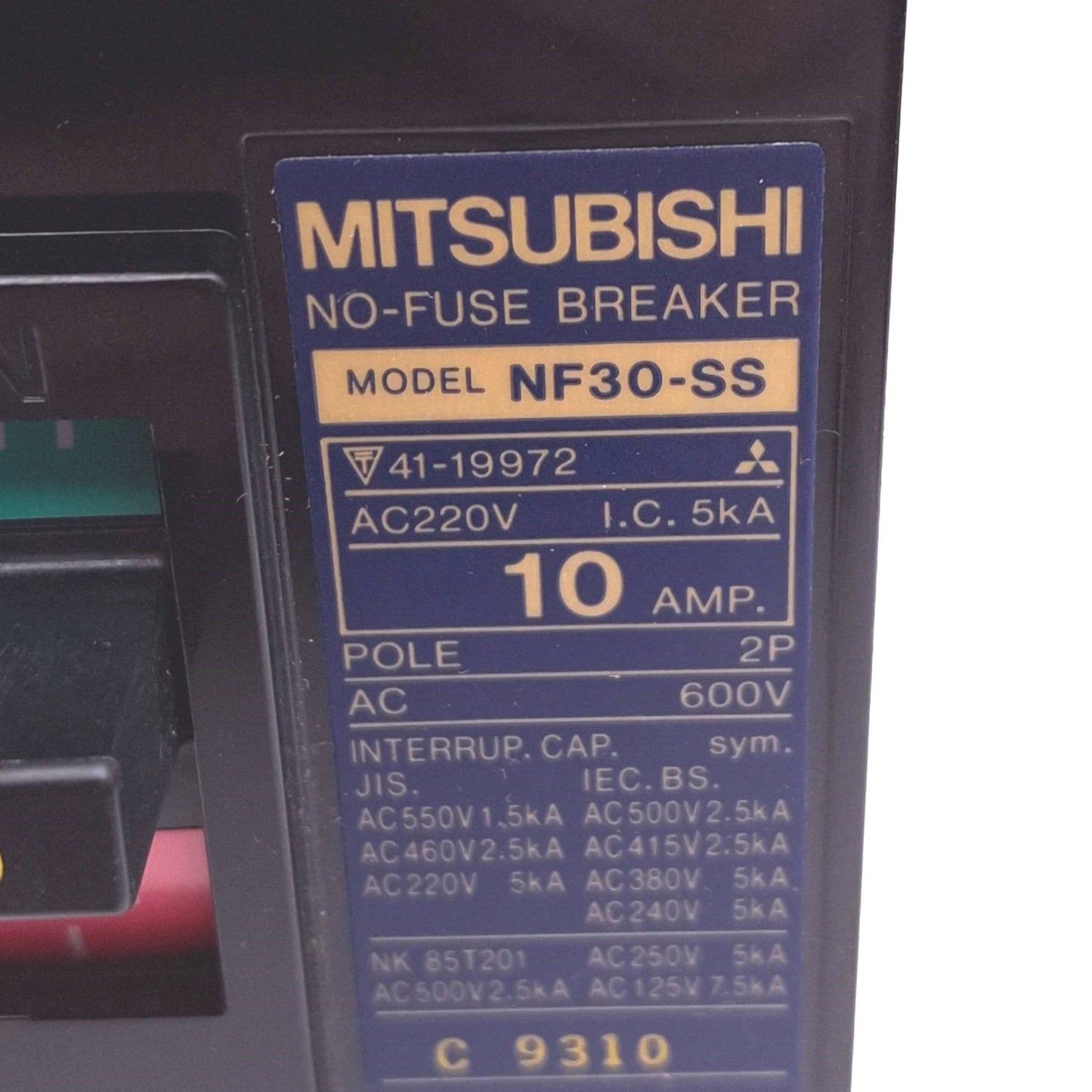 New Mitsubishi NF30-SS 10A No-Fuse Circuit Breaker, 2-Pole 10A, 600VAC Max