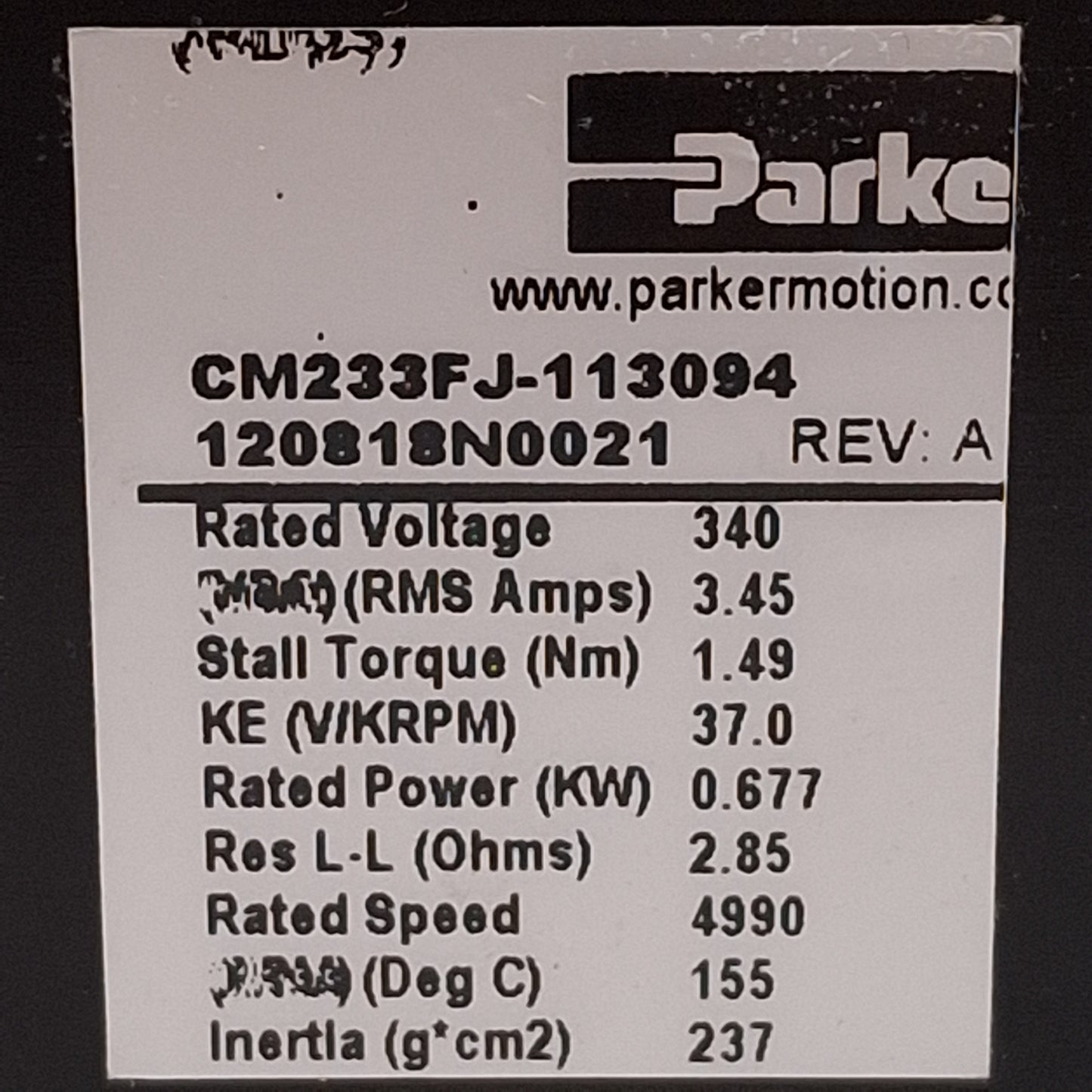 Used Parker CM233FJ-113094 Servo Motor, 0.677kW, 4990rpm, 1.49Nm, 340VDC Bus, NEMA 23