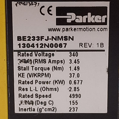 Used Parker BE233FJ-NMSN Servo Motor, 0.677kW, 4990rpm, 1.49Nm, 340VDC Bus, NEMA 23