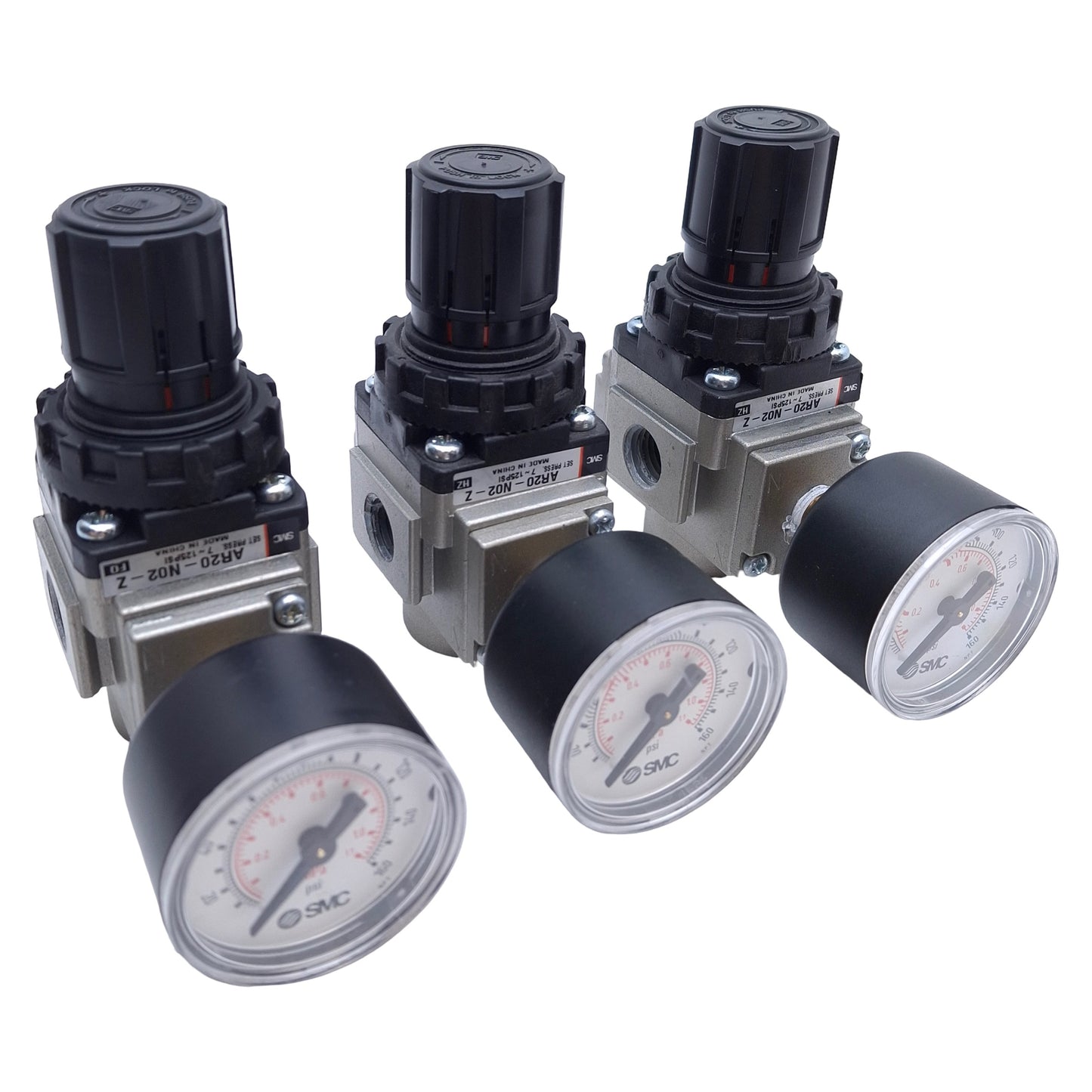Used Lot of 3 SMC AR20-N02-Z Pneumatic Regulator, Set Range: 7-125psi, 0-160psi Gauge
