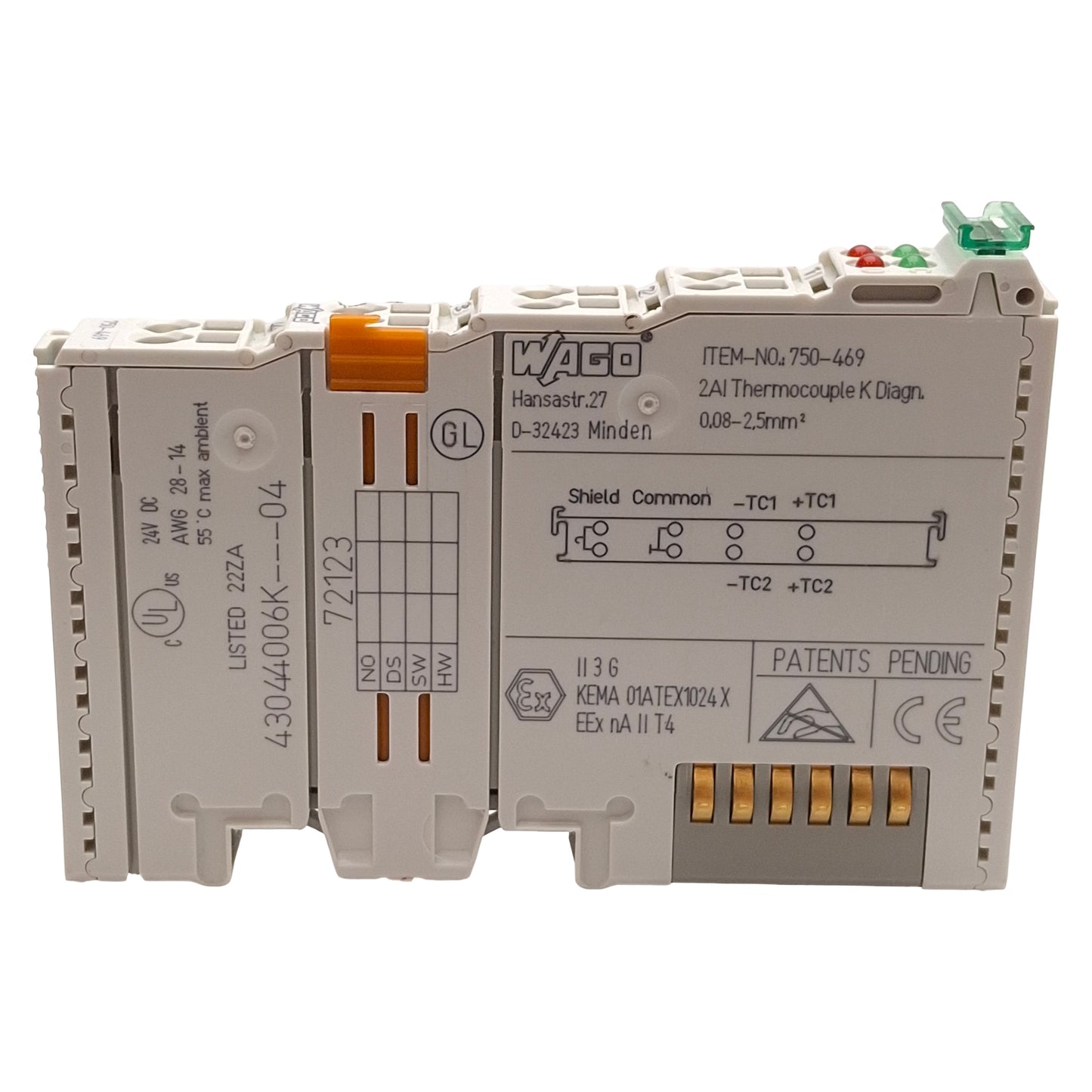 Used Wago 750-469 Thermocouple Analog Input Module, Type K, 2-Channel, -100~+1370°C