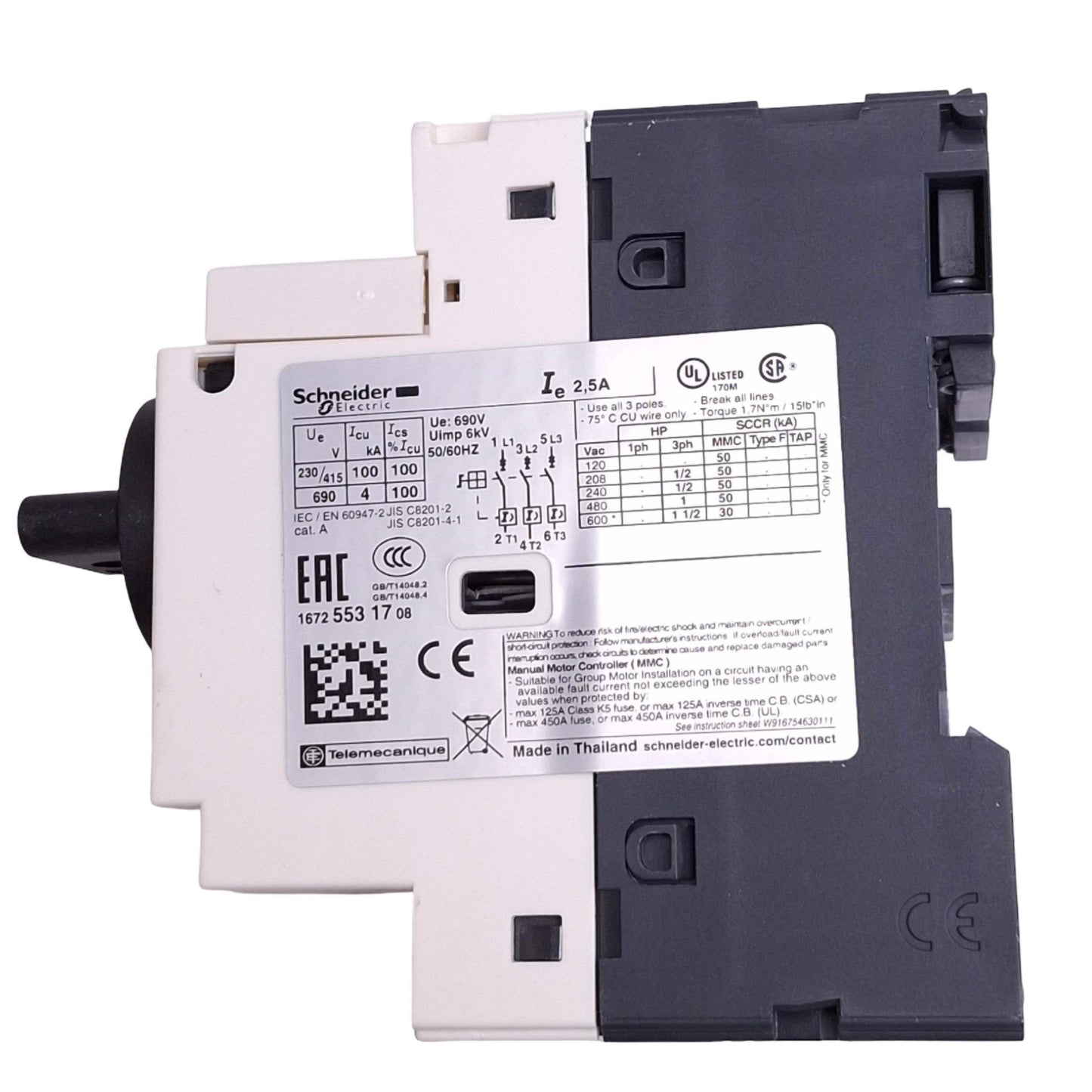 New Schneider Electric GV2-L07 Motor Circuit Breaker, 3-Pole 2.5A, 1.5kW Max