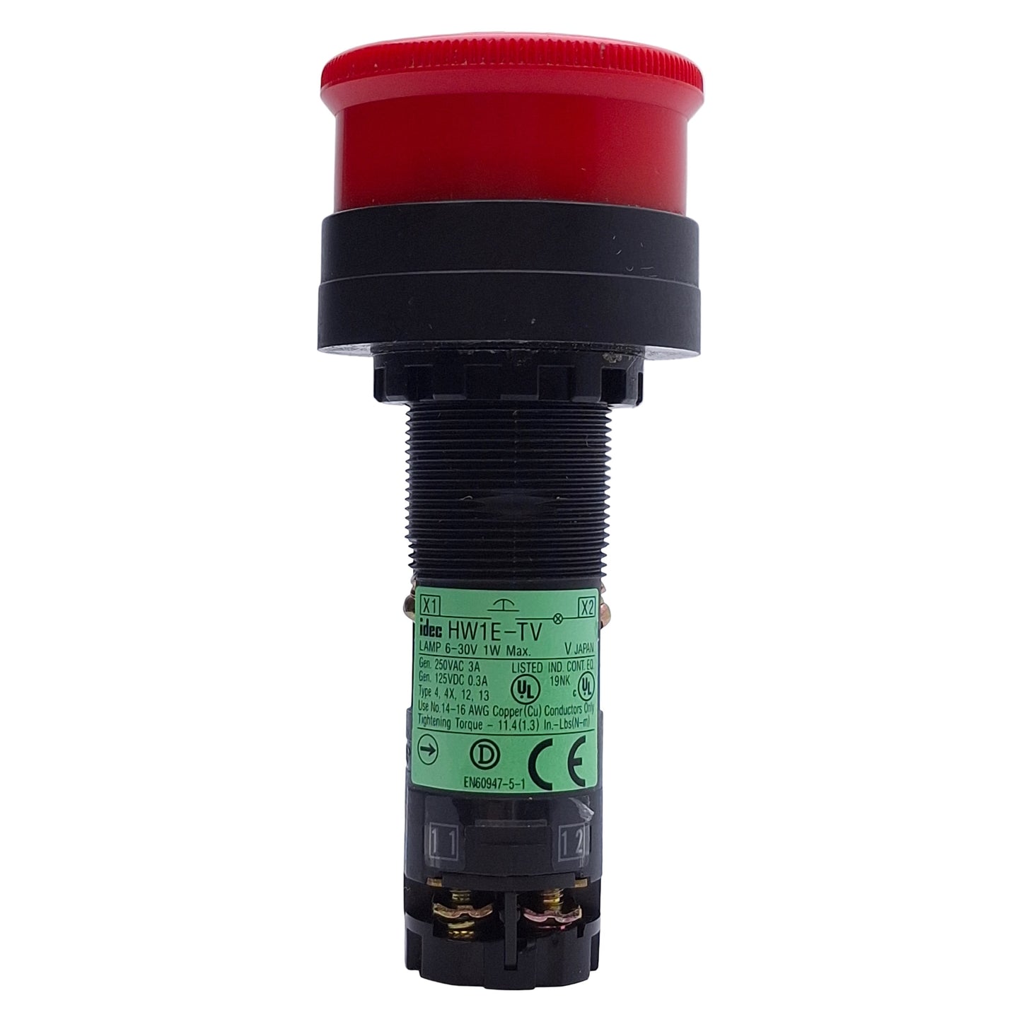 Used IDEC HW1E-TV4F02QD-R-24V E-Stop Pushbutton, Turn Reset, Illuminated, 2NC Unibody