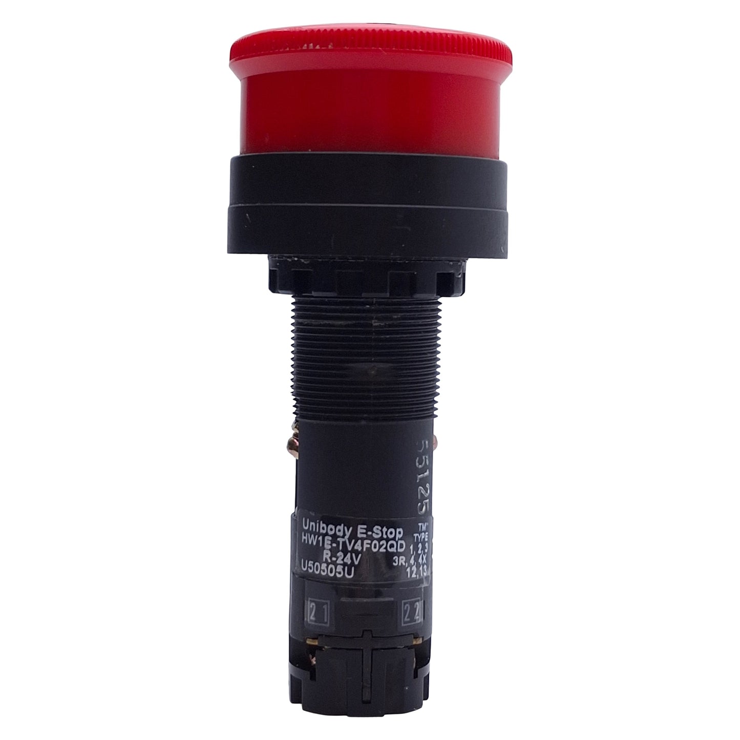 Used IDEC HW1E-TV4F02QD-R-24V E-Stop Pushbutton, Turn Reset, Illuminated, 2NC Unibody