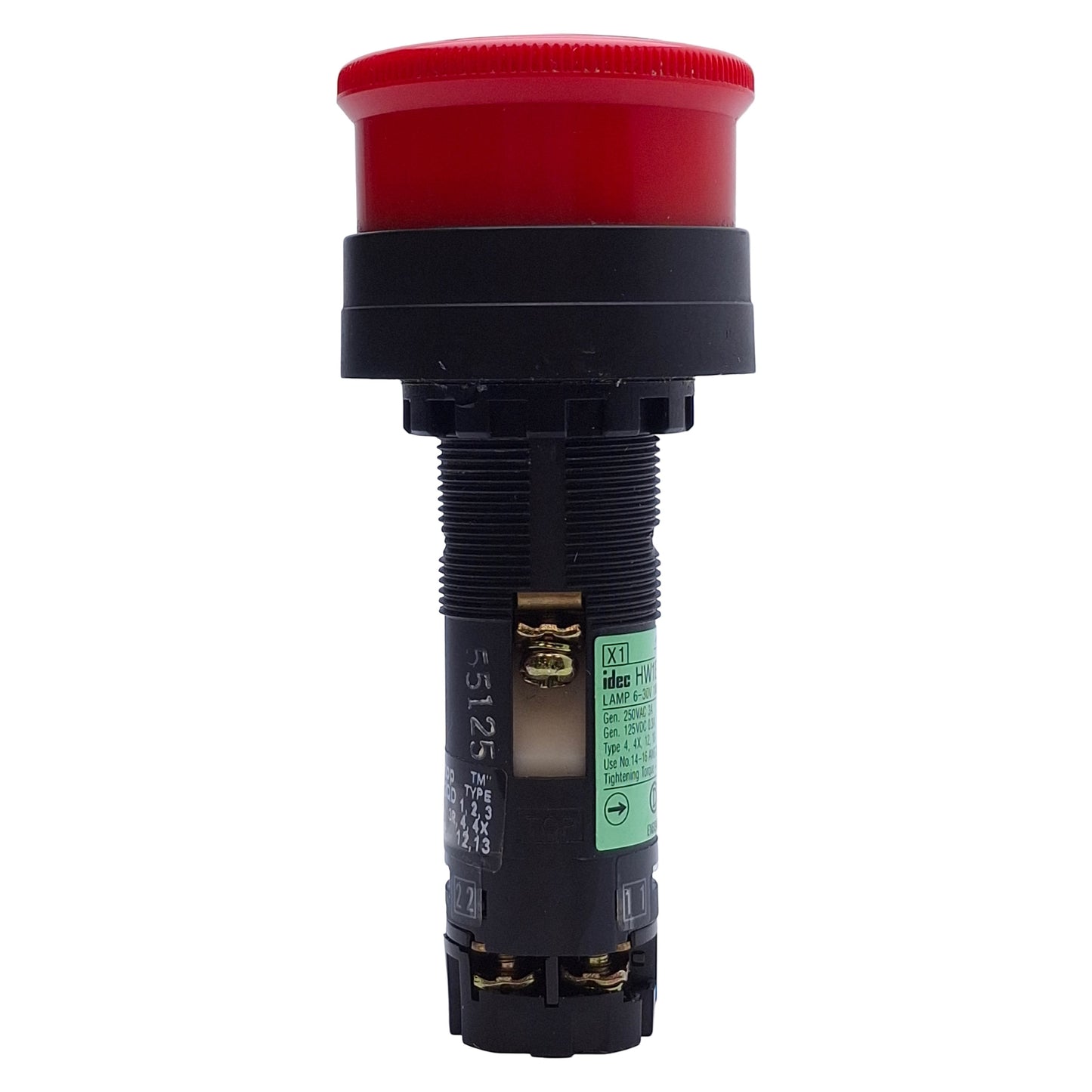 Used IDEC HW1E-TV4F02QD-R-24V E-Stop Pushbutton, Turn Reset, Illuminated, 2NC Unibody