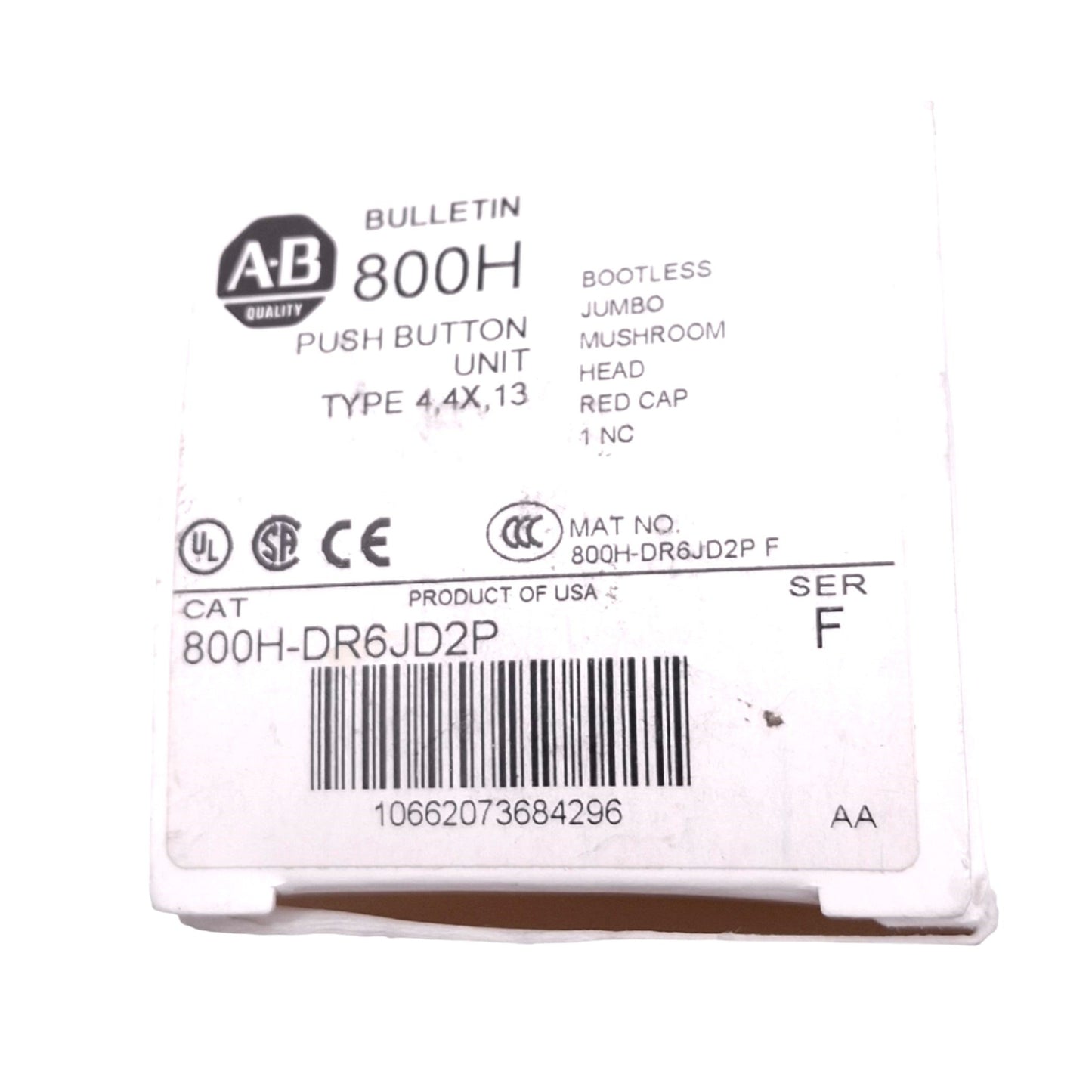 New Allen Bradley 800H-DR6JD2P Momentary Push Button, ø30mm, 1NC, 600VAC Max