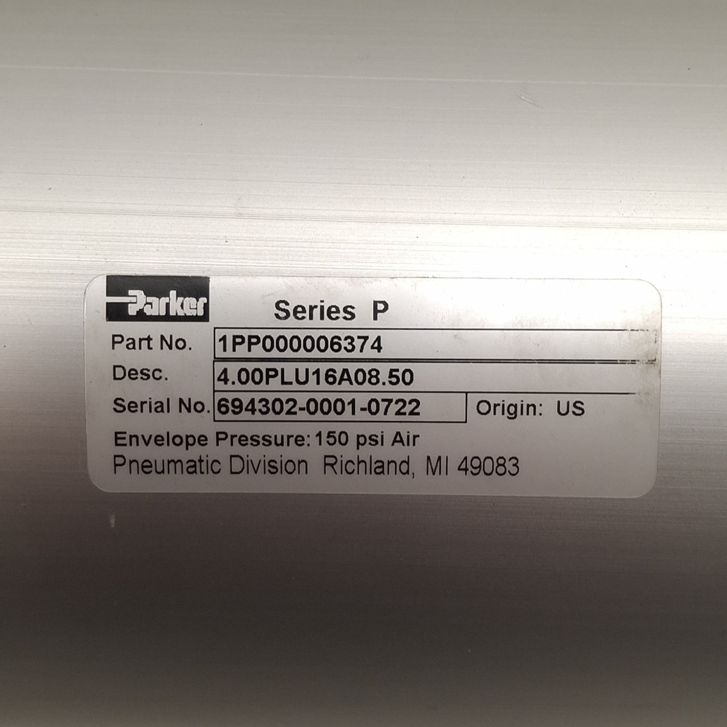New – Open box Parker 1PP000006374 Pneumatic Cylinder ø4in Bore, 8.5in Stroke, 1/2" NPT, 150psi