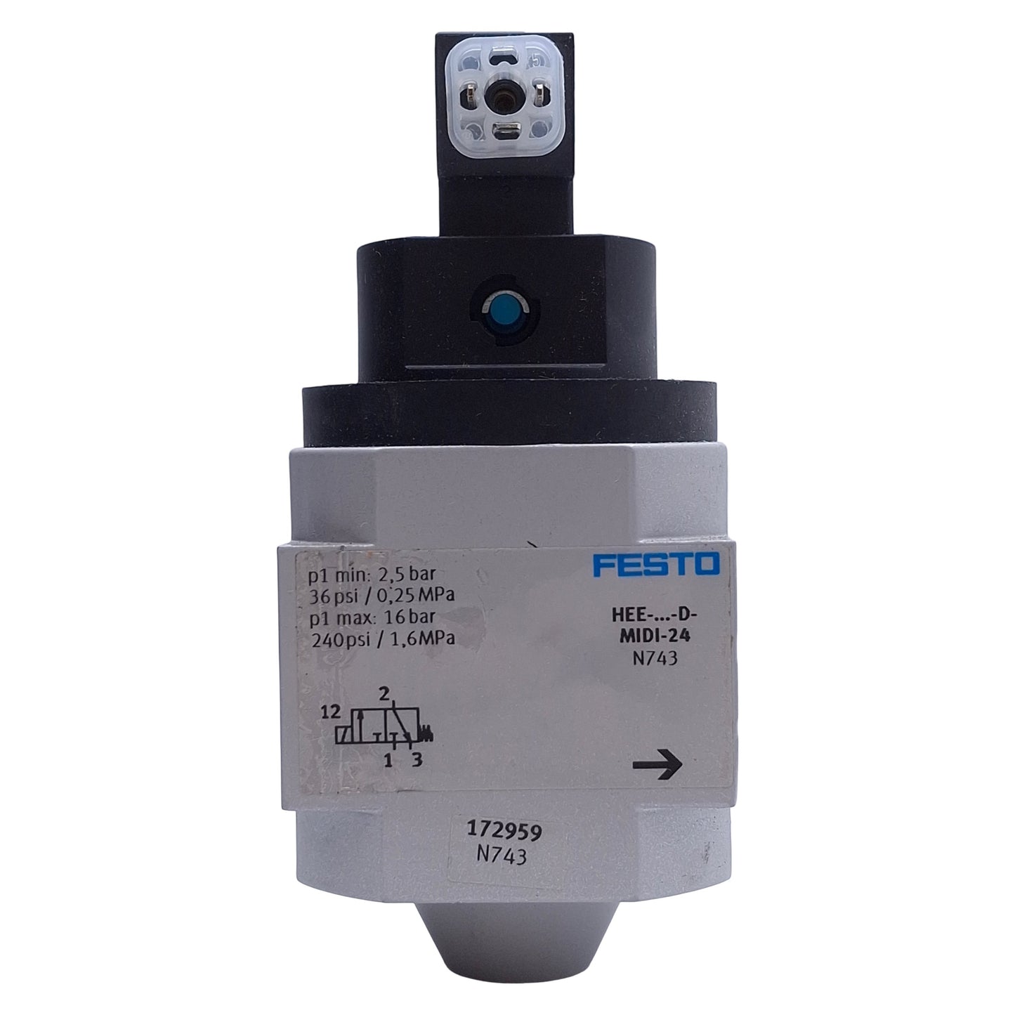 New – Open box Festo HEE-D-MIDI-24 On/Off Start Valve 2.5-16bar, 24VDC, G1/4, 3/2-Way
