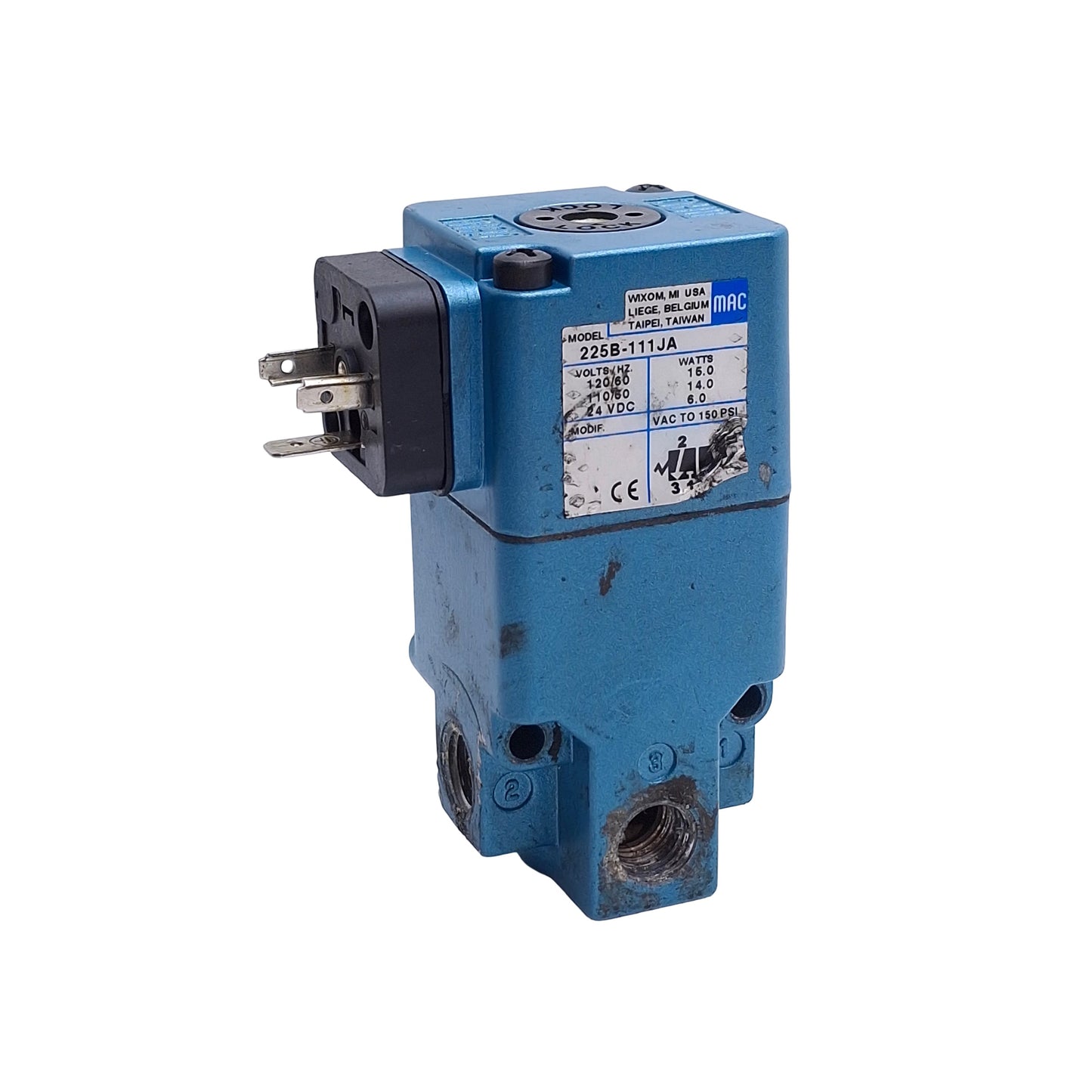 Used Mac Valves 225B-111JA Solenoid Valve, 1/4in NPTF, 110/120VAC 24VDC Coil