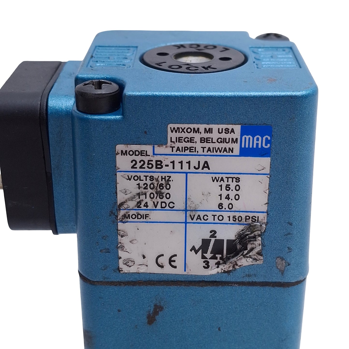 Used Mac Valves 225B-111JA Solenoid Valve, 1/4in NPTF, 110/120VAC 24VDC Coil