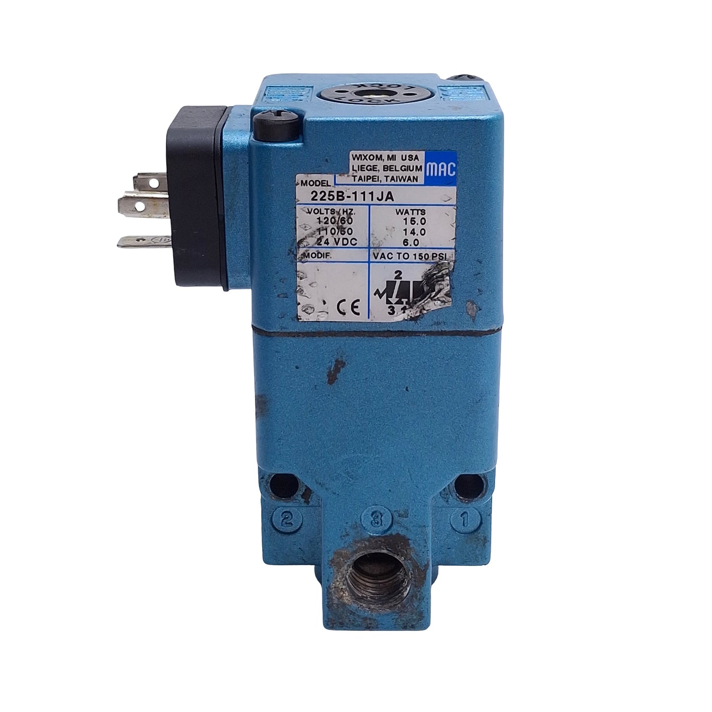 Used Mac Valves 225B-111JA Solenoid Valve, 1/4in NPTF, 110/120VAC 24VDC Coil