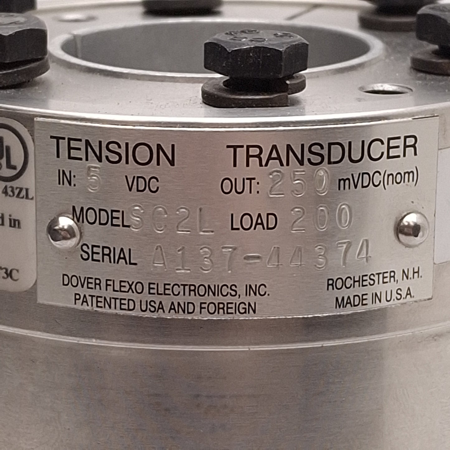 New – Open box Dover Flexo SC2L Tension Transducer, 200lbs Load, 250mVDC Output, ø1-1/2in Bore